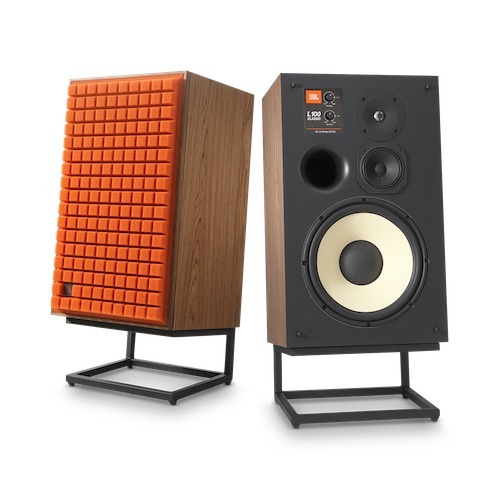 JBL L100 Classic bookshelf loudspeaker orange pair on stand, JBL Classic series speakers, JBL synthesis speakers vancouver, high-end audio vancouver