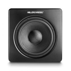 M&K V10+ compact subwoofer; M&K V10 plus compact subwoofer, satin black, grill off, M&K speakers Vancouver, M&K subwoofers Vancouver, high end audio Vancouver, luxury home theatre Vancouver