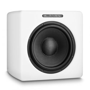 M&K V10+ compact subwoofer; M&K V10 plus compact subwoofer, white satin, grill off, M&K speakers Vancouver, M&K subwoofers Vancouver, high end audio Vancouver, luxury home theatre Vancouver