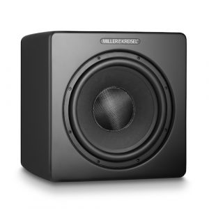 M&K V12+ compact subwoofer; M&K V12 plus compact subwoofer, black satin, grill off, M&K speakers Vancouver, M&K subwoofers Vancouver, high end audio Vancouver, luxury home theatre Vancouver