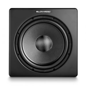 M&K V15+ compact subwoofer; M&K V15 plus compact subwoofer, black satin, grill off, M&K speakers Vancouver, M&K subwoofers Vancouver, high end audio Vancouver, luxury home theatre Vancouver