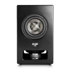 M&K X10+ subwoofer; M&K X10 plus subwoofer, black satin, grill off, M&K speakers Vancouver, M&K subwoofers Vancouver, high end audio Vancouver, luxury home theatre Vancouver