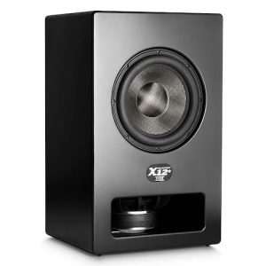 M&K X12+ subwoofer; M&K X12 plus subwoofer, black satin, grill off, M&K speakers Vancouver, M&K subwoofers Vancouver, high end audio Vancouver, luxury home theatre Vancouver