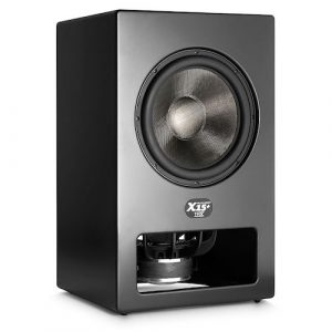 M&K X15+ subwoofer; M&K X15 plus subwoofer, black satin, grill off, M&K speakers Vancouver, M&K subwoofers Vancouver, high end audio Vancouver, luxury home theatre Vancouver
